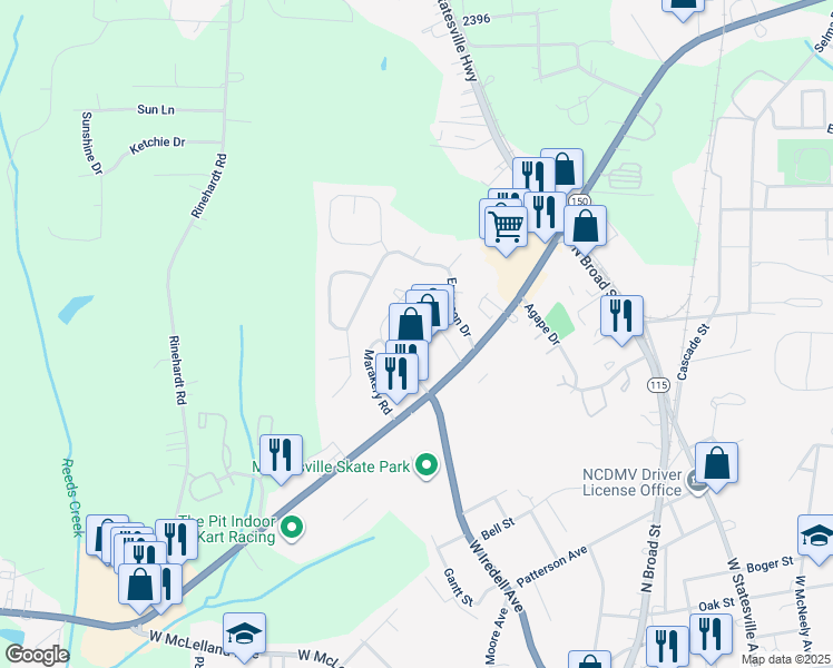 map of restaurants, bars, coffee shops, grocery stores, and more near 188c Limerick Road in Mooresville