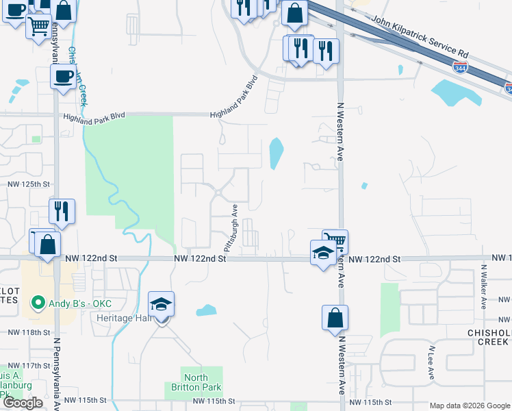 map of restaurants, bars, coffee shops, grocery stores, and more near 12613 William Penn Boulevard in Oklahoma City