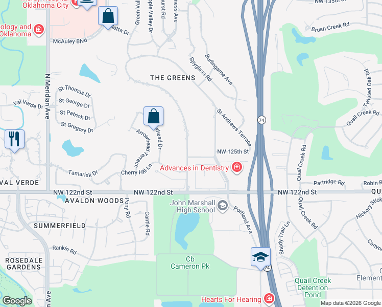 map of restaurants, bars, coffee shops, grocery stores, and more near 12601 Green Valley Drive in Oklahoma City