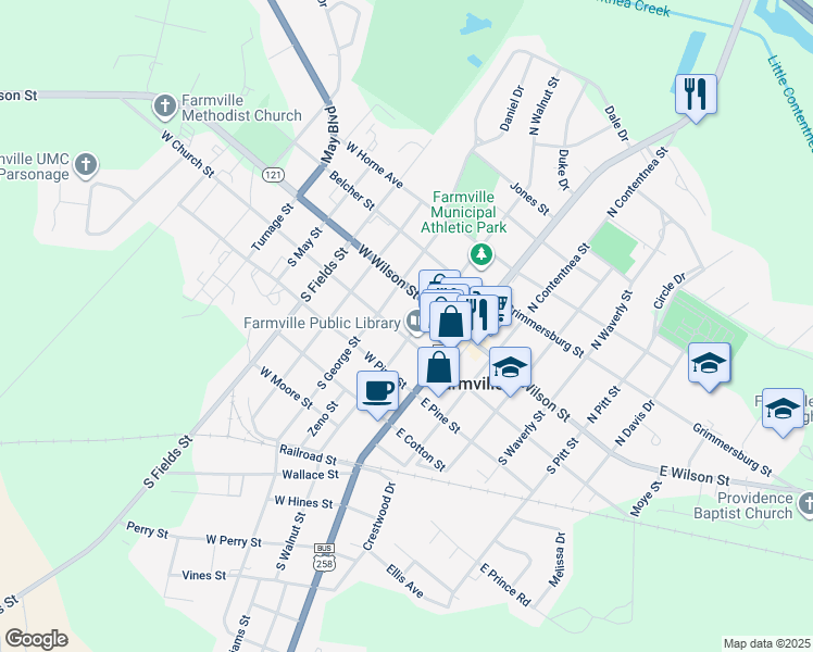 map of restaurants, bars, coffee shops, grocery stores, and more near 4290 West Church Street in Farmville