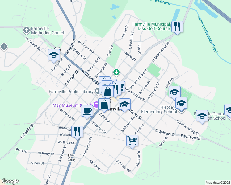 map of restaurants, bars, coffee shops, grocery stores, and more near in Farmville