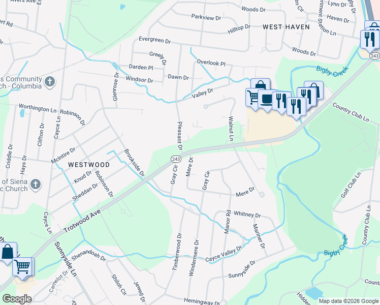 map of restaurants, bars, coffee shops, grocery stores, and more near 5021 Mount Pleasant Pike in Columbia