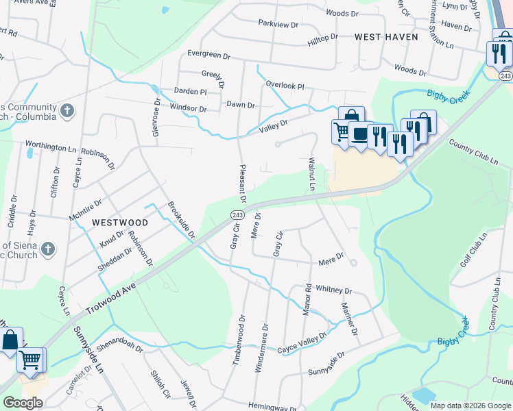 map of restaurants, bars, coffee shops, grocery stores, and more near 5021 Mount Pleasant Pike in Columbia
