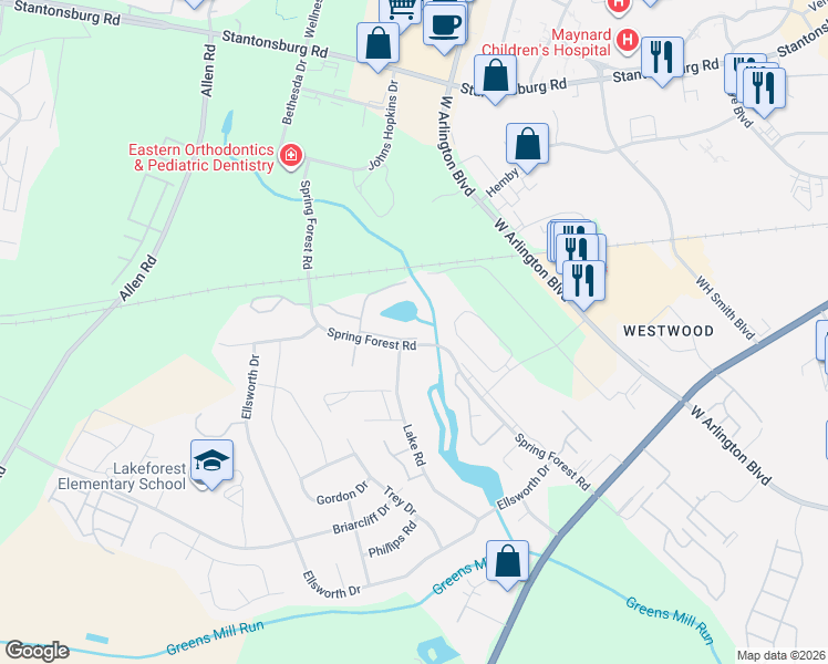 map of restaurants, bars, coffee shops, grocery stores, and more near 605 Spring Forest Road in Greenville
