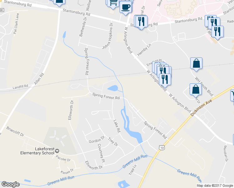 map of restaurants, bars, coffee shops, grocery stores, and more near 607 Spring Forest Road in Greenville