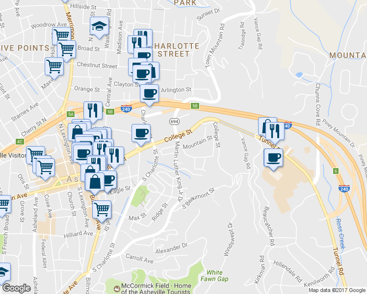 map of restaurants, bars, coffee shops, grocery stores, and more near 0 Clemmons Street in Asheville