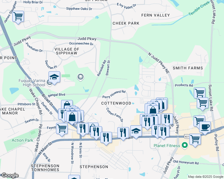 map of restaurants, bars, coffee shops, grocery stores, and more near 504 Pegstone Court in Fuquay Varina