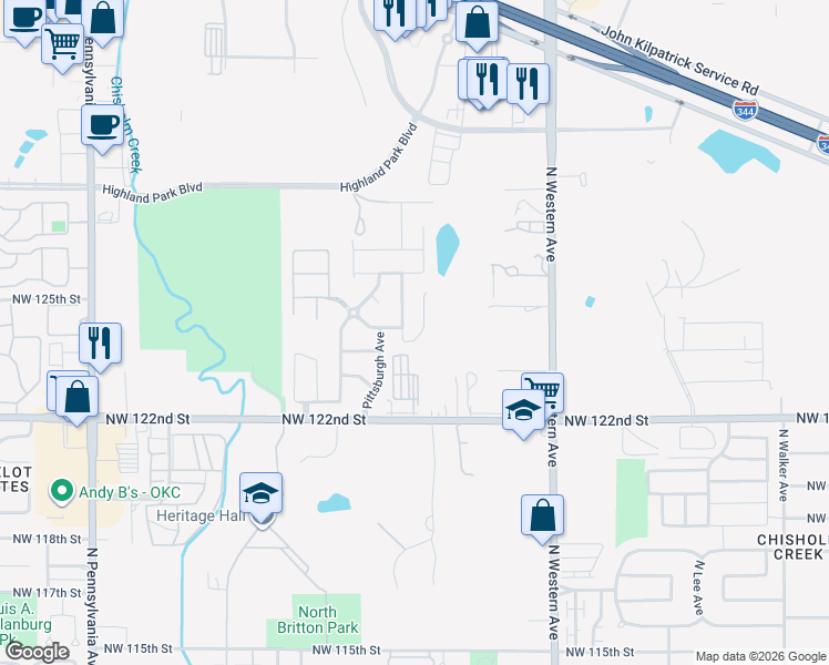 map of restaurants, bars, coffee shops, grocery stores, and more near 12613 William Penn Boulevard in Oklahoma City