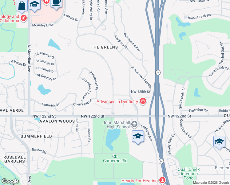 map of restaurants, bars, coffee shops, grocery stores, and more near 12601 Green Valley Drive in Oklahoma City