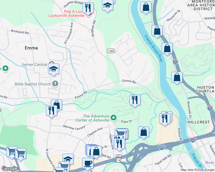 map of restaurants, bars, coffee shops, grocery stores, and more near 17 Delta Loop in Asheville
