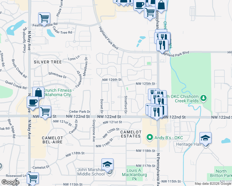 map of restaurants, bars, coffee shops, grocery stores, and more near 2301 Northwest 122nd Street in Oklahoma City