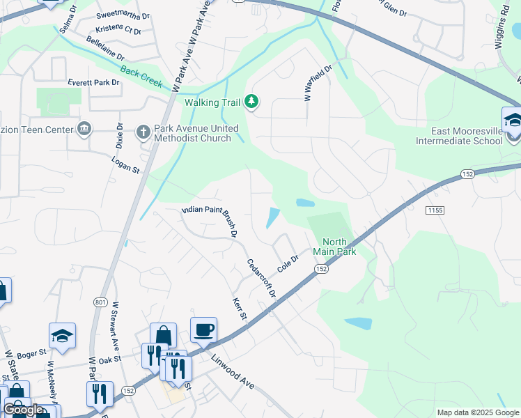 map of restaurants, bars, coffee shops, grocery stores, and more near 166 Wellshire Street in Mooresville