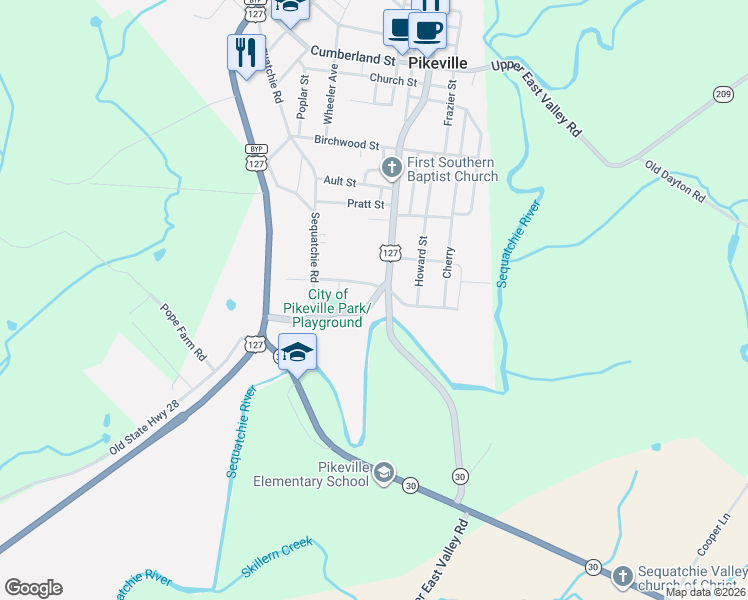 map of restaurants, bars, coffee shops, grocery stores, and more near Main St in Pikeville