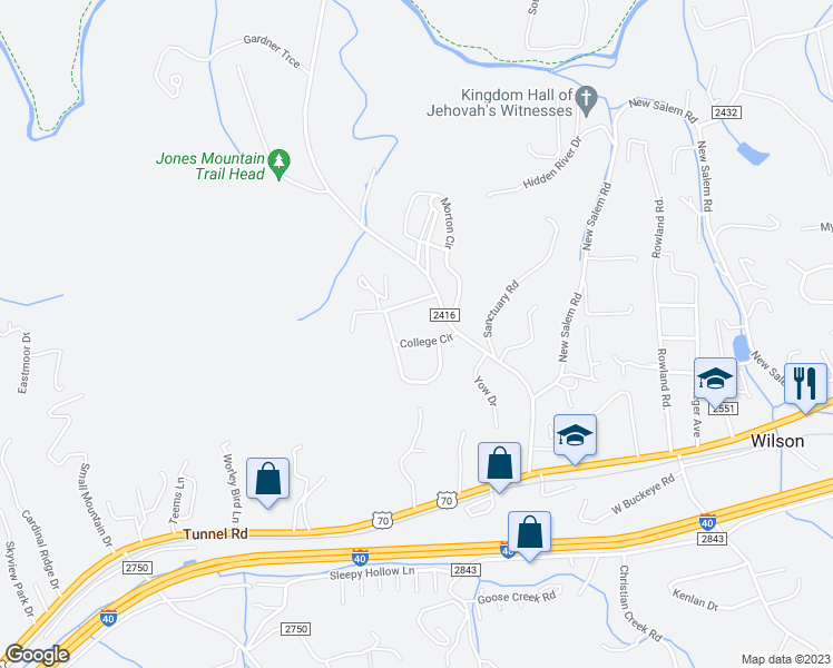 map of restaurants, bars, coffee shops, grocery stores, and more near 104 College Circle in Swannanoa