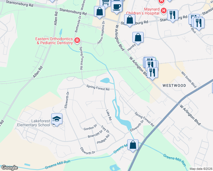 map of restaurants, bars, coffee shops, grocery stores, and more near 605 Spring Forest Road in Greenville
