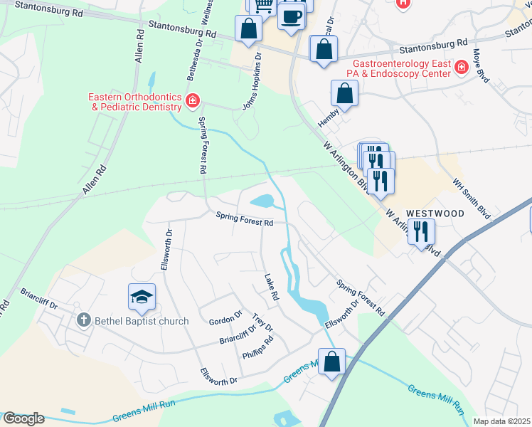 map of restaurants, bars, coffee shops, grocery stores, and more near 605 Spring Forest Road in Greenville