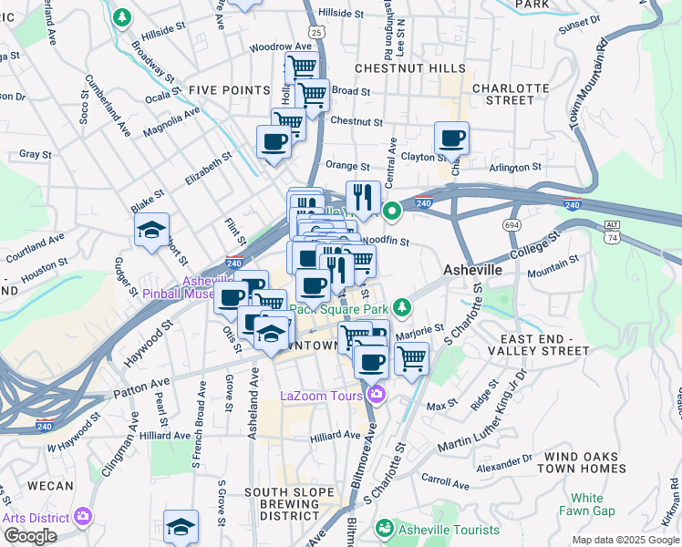 map of restaurants, bars, coffee shops, grocery stores, and more near 80 U.S. 25 in Asheville