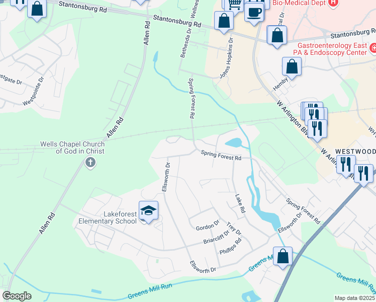 map of restaurants, bars, coffee shops, grocery stores, and more near 514 Spring Forest Road in Greenville