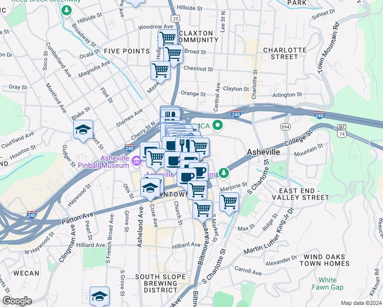 map of restaurants, bars, coffee shops, grocery stores, and more near 80 U.S. 25 in Asheville