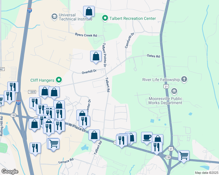 map of restaurants, bars, coffee shops, grocery stores, and more near 127 Talbert Road in Mooresville