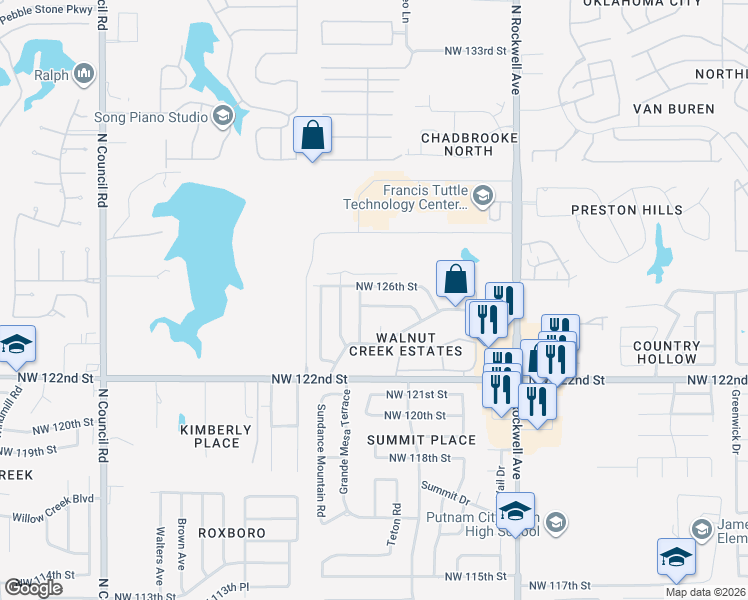 map of restaurants, bars, coffee shops, grocery stores, and more near 7401 Northwest 126th Street in Oklahoma City