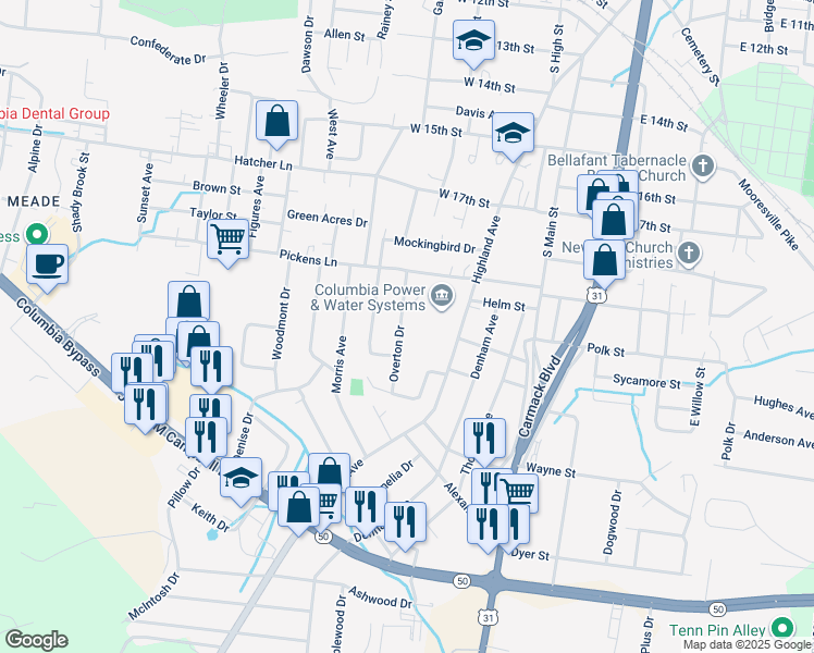 map of restaurants, bars, coffee shops, grocery stores, and more near 1921 Overton Drive in Columbia