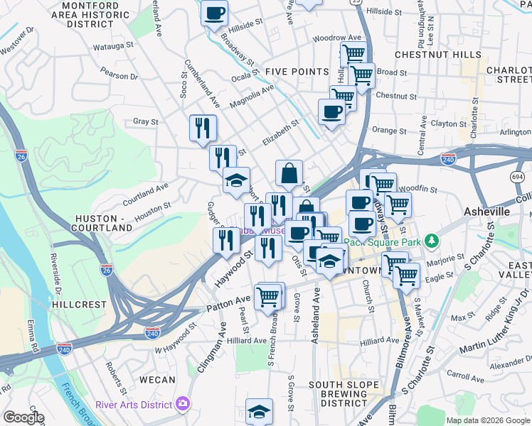 map of restaurants, bars, coffee shops, grocery stores, and more near 4 Short Street in Asheville
