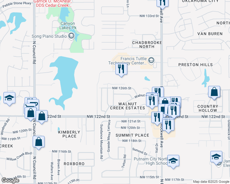 map of restaurants, bars, coffee shops, grocery stores, and more near 7421 Northwest 125th Street in Oklahoma City