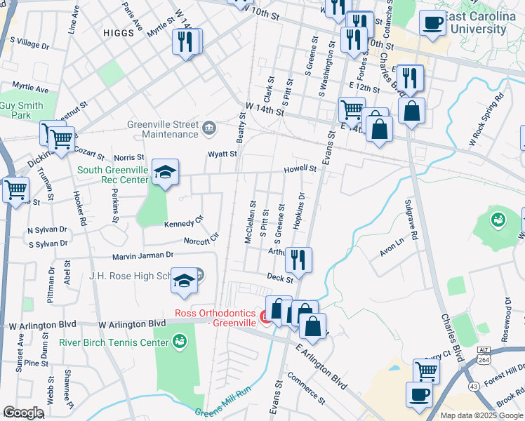 map of restaurants, bars, coffee shops, grocery stores, and more near 1700-1798 Mc Clellan St in Greenville