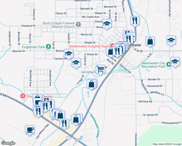 map of restaurants, bars, coffee shops, grocery stores, and more near 319 South Oak Street in Sweetwater
