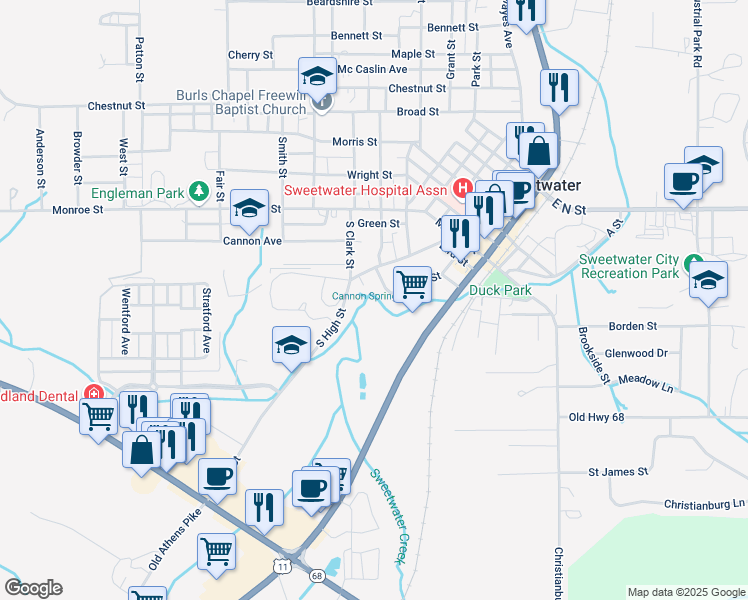 map of restaurants, bars, coffee shops, grocery stores, and more near 319 South Oak Street in Sweetwater