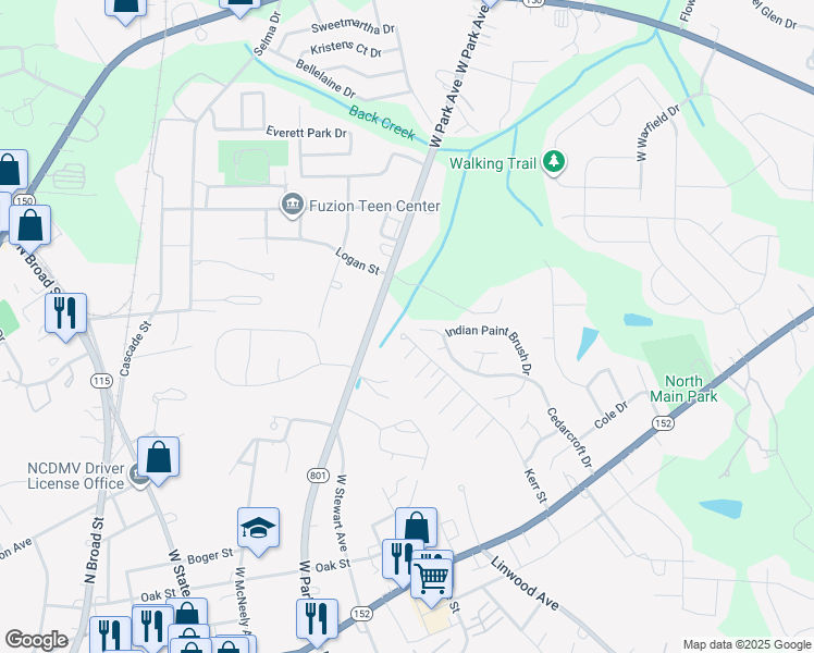 map of restaurants, bars, coffee shops, grocery stores, and more near 565 West Park Avenue in Mooresville