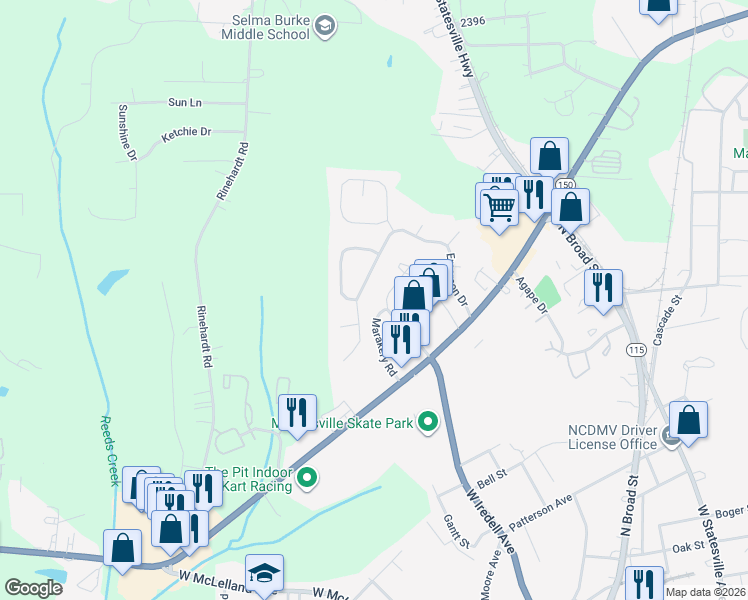 map of restaurants, bars, coffee shops, grocery stores, and more near 151 Limerick Road in Mooresville