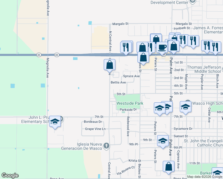map of restaurants, bars, coffee shops, grocery stores, and more near 2799 Bettis Avenue in Wasco