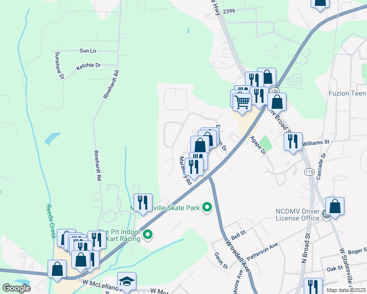 map of restaurants, bars, coffee shops, grocery stores, and more near 153 Marakery Road in Mooresville