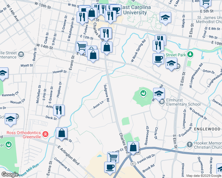map of restaurants, bars, coffee shops, grocery stores, and more near State Road 1707 in Greenville
