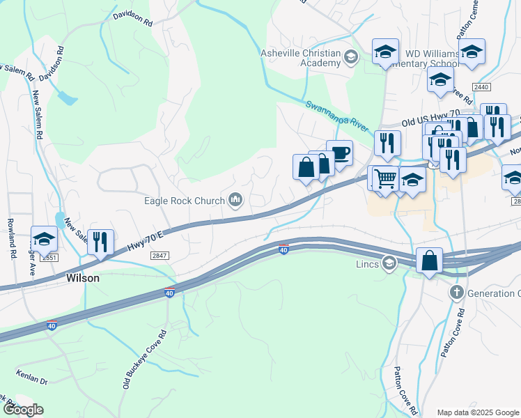 map of restaurants, bars, coffee shops, grocery stores, and more near 7 Red Raven Road in Swannanoa