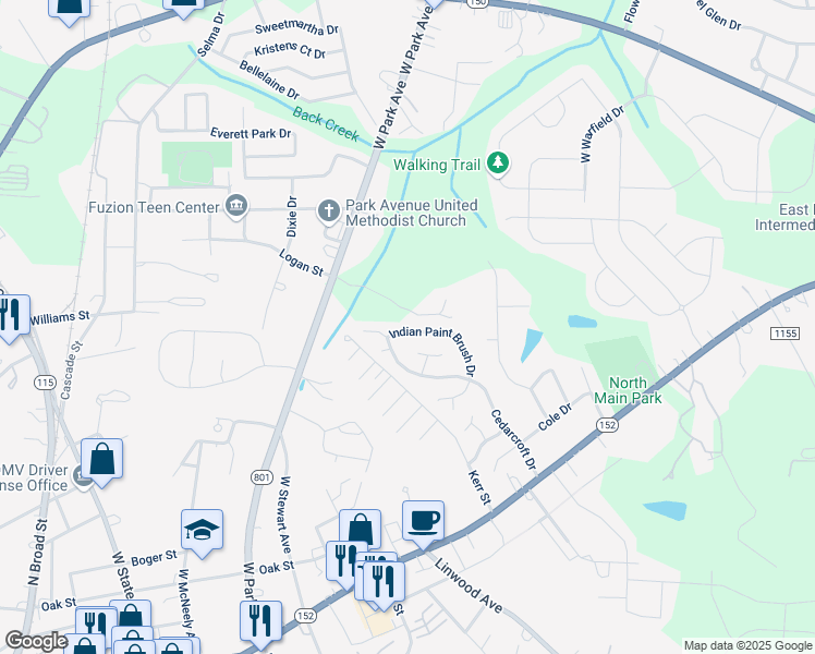 map of restaurants, bars, coffee shops, grocery stores, and more near 275 Indian Paint Brush Drive in Mooresville