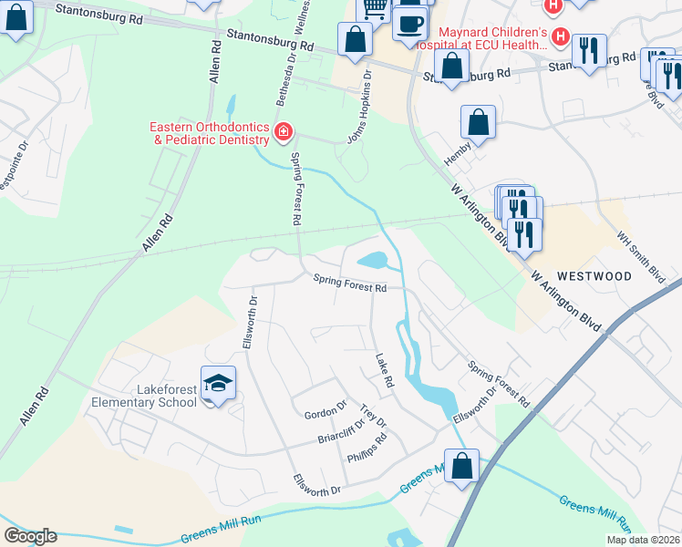 map of restaurants, bars, coffee shops, grocery stores, and more near 523 Spring Forest Road in Greenville