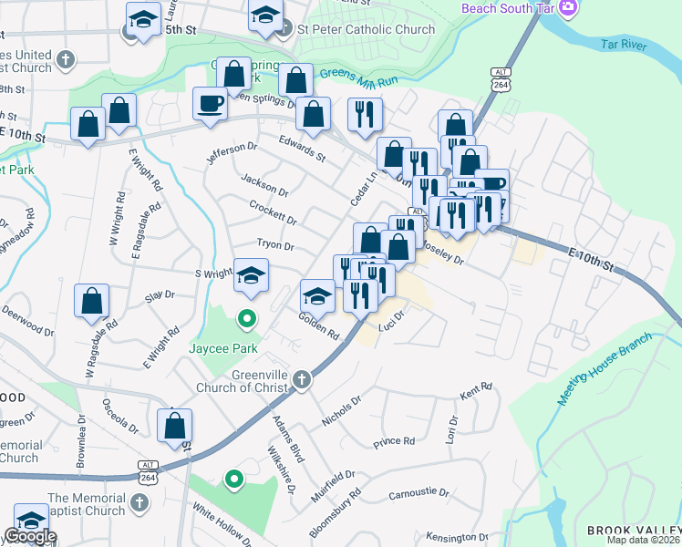 map of restaurants, bars, coffee shops, grocery stores, and more near 1407 Cedar Lane in Greenville