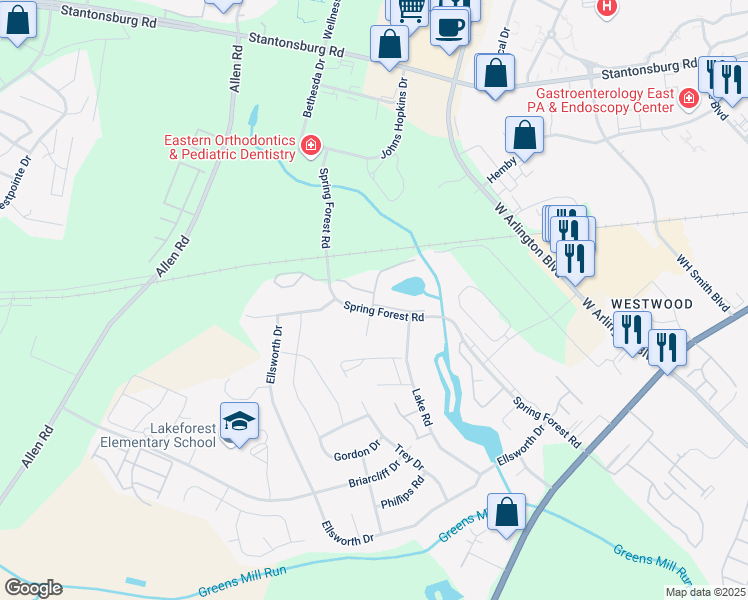 map of restaurants, bars, coffee shops, grocery stores, and more near 523 Spring Forest Road in Greenville