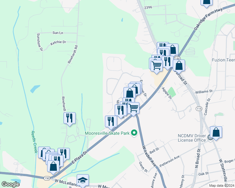 map of restaurants, bars, coffee shops, grocery stores, and more near 151 Limerick Road in Mooresville