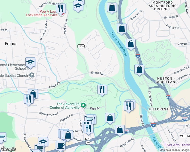 map of restaurants, bars, coffee shops, grocery stores, and more near 341 Emma Road in Asheville