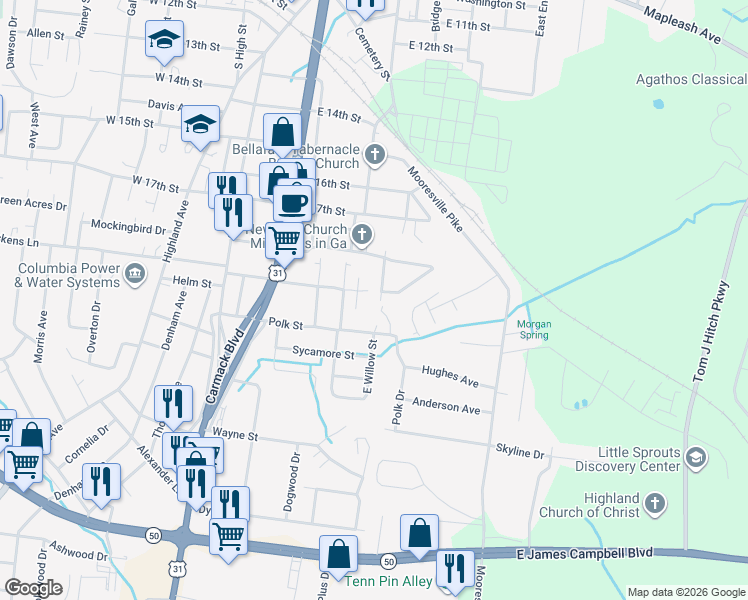 map of restaurants, bars, coffee shops, grocery stores, and more near 1913 Walnut Street in Columbia