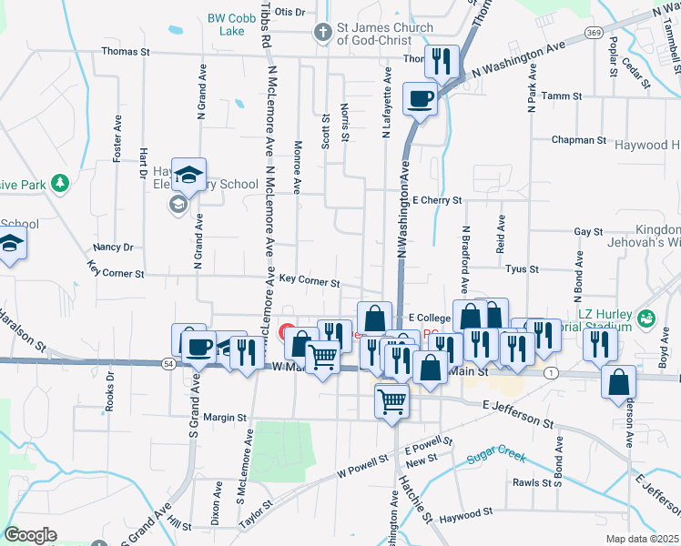 map of restaurants, bars, coffee shops, grocery stores, and more near 309 Key Corner Street in Brownsville