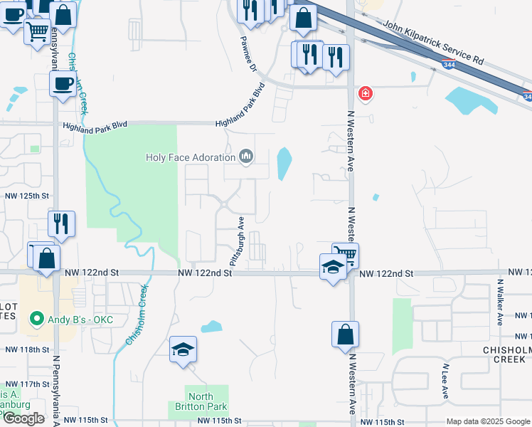 map of restaurants, bars, coffee shops, grocery stores, and more near 12620 Heritage Oaks Drive in Oklahoma City