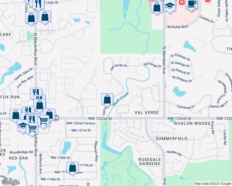 map of restaurants, bars, coffee shops, grocery stores, and more near 5016 Echo Glen Circle in Oklahoma City
