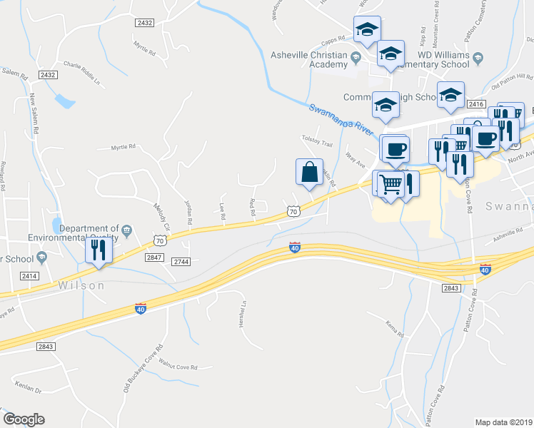 map of restaurants, bars, coffee shops, grocery stores, and more near 9 Red Raven Road in Swannanoa