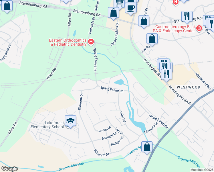 map of restaurants, bars, coffee shops, grocery stores, and more near 527 Spring Forest Road in Greenville