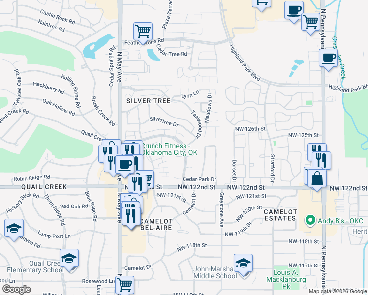 map of restaurants, bars, coffee shops, grocery stores, and more near 20 Tealwood Drive in Oklahoma City